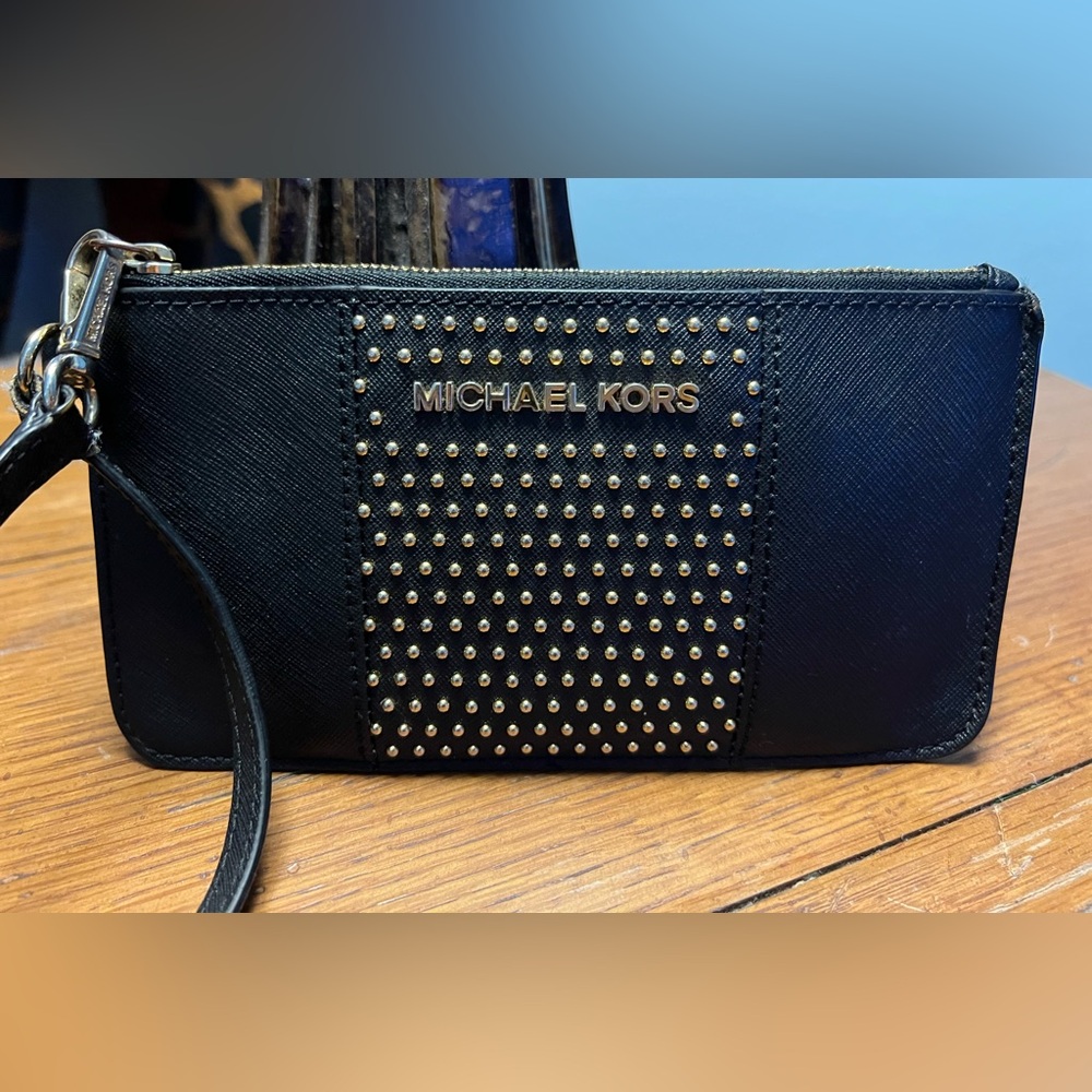 Michael Kors Jet Set Leather Black & Gold Studded Small Wristlet Wallet Clutch 🖤 - Picture 3 of 13